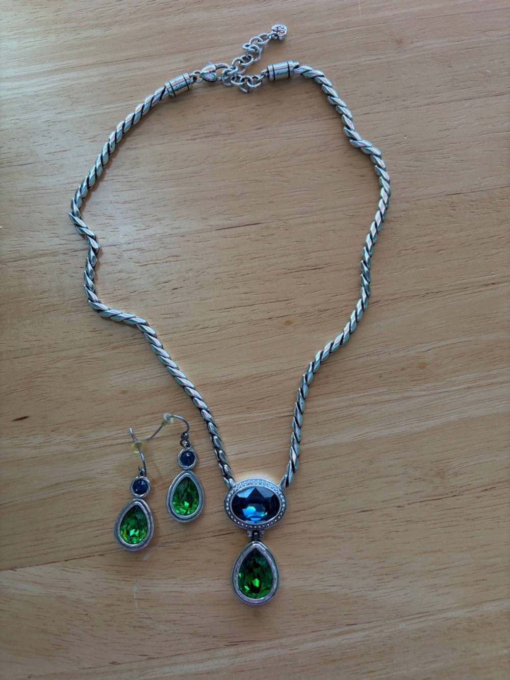 Brighton Silver Necklace with Blue Oval and Green Teardrop Stones